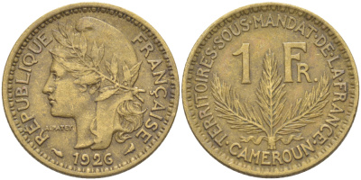 Французский Камерун 1 франк 1926 (а), монетный двор Париж KM 2 алюминиевая бронза    3856-243