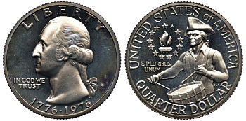 США 25 центов (квотер) 1976 S, 200 лет независимости (1776-1976), Вашингтон, барабанщик KM 204 медь плакированная медно-никелем PROOF 00-00