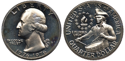 США 25 центов (квотер) 1976 S, 200 лет независимости (1776-1976), Вашингтон, барабанщик KM 204 медь плакированная медно-никелем PROOF 00-00