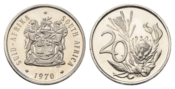 ЮАР 20 центов 1970 герб, цветок протея KM 86 никель PROOF 1525-1044