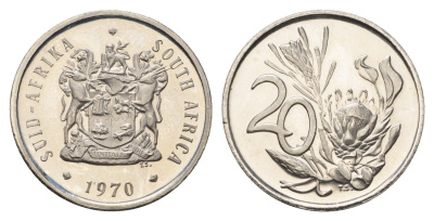 ЮАР 20 центов 1970 герб, цветок протея KM 86 никель PROOF 1525-1044