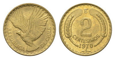 Чили 2 сентесимо 1970 KM 193 алюминиевая бронза UNC 4689-125
