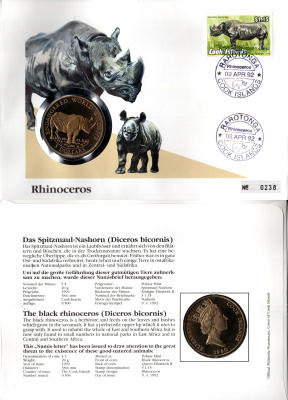 Острова Кука 5 долларов 1990 Вымирающие виды - Черный носорог, в конверте с маркой (КПД - Конверт первого дня Гашения) KM 809 медно-никель BU 9-1-01-11
