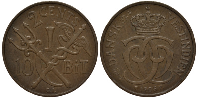 ДАТСКАЯ ВЕСТИНДИЯ 2 ЦЕНТА (10 БИТ) 1905 KM 76 бронза 02-205-24