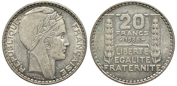 Франция 20 франков 1938 Пьер Тюрен KM 879, Le Franc 400.7 серебро 1067-2-16