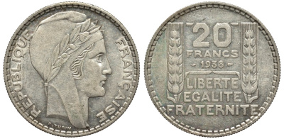 Франция 20 франков 1938 Пьер Тюрен KM 879, Le Franc 400.7 серебро 1067-2-16