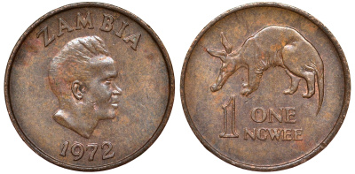 Замбия 1 нгве 1972 Кеннет Каунда, трубкозуб KM 9 бронза 4164-536