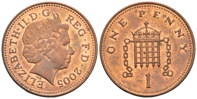 Великобритания 1 пенни 2005 Елизавета II (1952-2022) KM 986, Spink 4710 (B5) сталь плакированная медью 4609-624