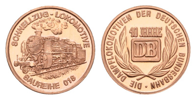 ФРГ медаль из серии 40 лет Bundesbahn (Бундесбан) - Schnellzug-Lokomotive (Baureihe 018) 1989 государственные железные дороги, диаметр 18 мм, вес 2,3 гр алюминий плакированный медью UNC 4685-734