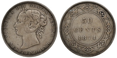 Ньюфаундленд 50 центов 1874 Виктория (1837-1901) KM 6 серебро    4044-1322