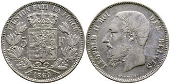 Бельгия 5 франков 1869 Леопольд II (1865-1909) KM 24  серебро 1066-5-51