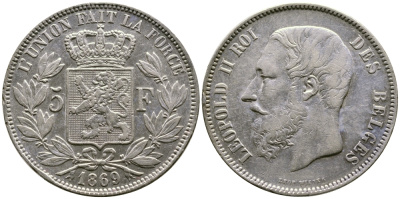 Бельгия 5 франков 1869 Леопольд II (1865-1909) KM 24  серебро 1066-5-51