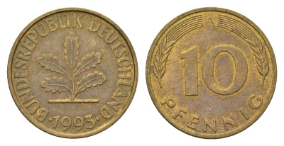 Германия 10 пфеннигов 1993 A KM 108, J. 383 сталь плакированная латунью 4684-1223