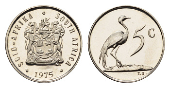 ЮАР 5 центов 1975 герб, райский журавль KM 84 никель PROOF 4690-957