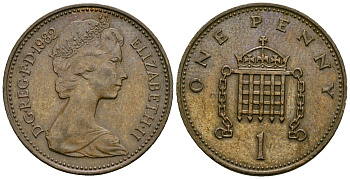 Великобритания 1 пенни 1982 Елизавета II (1952-2022) KM 927, Spink 4238 (B2) бронза 4582-1131