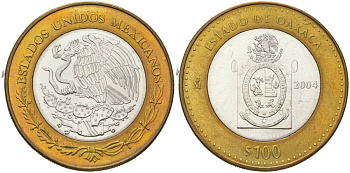 Мексика 100 песо 2004 180 лет Федерации - Оахака KM 740 биметалл, серебро BU 00-00