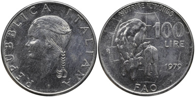 Италия 100 лир 1979 R, FAO, корова с теленком KM 106 нержавеющая сталь 4165-114
