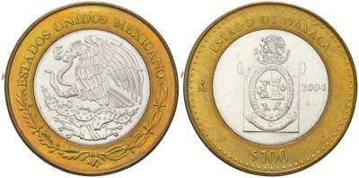 Мексика 100 песо 2004 180 лет Федерации - Оахака KM 740 биметалл, серебро BU 00-00