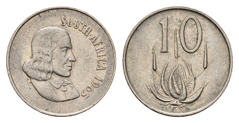 ЮАР 10 центов 1965 Ян ван Рибек (1619-1677), South Africa, легенда на африкаанс, цветок алоэ KM 68.1 никель 4687-323