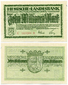 ДАРМШТАДТ, ГЕРМАНИЯ 10000000 МАРОК (10 МИЛЛИОНОВ МАРОК) 1923 1 СЕНТЯБРЯ 1923, НОТГЕЛЬД, ЗЕМЛЯ ГЕССЕН, СЕРИЯ С, НОМЕР, СНЕЖИНКА, HESSESCHE LANDESBANK Keller 956с бумага UNC (ПРЕСС) 8613-27-1-1