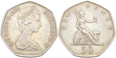 Великобритания 50 пенсов 1969 Елизавета II (1952-2022) KM 913, Spink 4223 (H1) медно-никель 69-211