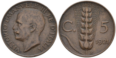 Италия 5 чентезимо 1921 R, Виктор Эммануил III KM 59 медь 4594-331
