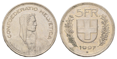 Швейцария 5 франков 1997 B KM 40a.4 медно-никель 4521-1134
