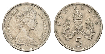Великобритания 5 пенсов 1968 Елизавета II (1952-2022) KM 911, Spink 4233 (D1) медно-никель 4637-1253