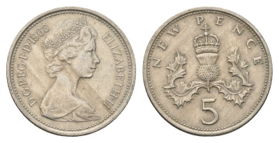 Великобритания 5 пенсов 1968 Елизавета II (1952-2022) KM 911, Spink 4233 (D1) медно-никель 4637-1253