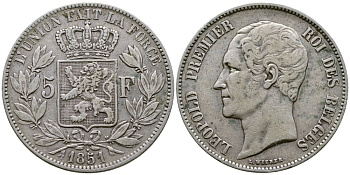 Бельгия 5 франков 1851 Леопольд I (1831-1865), точка над датой KM 17 серебро 1067-3-63