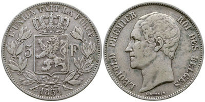 Бельгия 5 франков 1851 Леопольд I (1831-1865), точка над датой KM 17 серебро 1067-3-63
