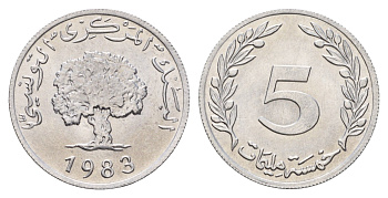 Тунис 5 миллимов 1983 пробковый дуб KM 282 алюминий UNC 4662-644