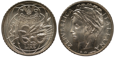 Италия 100 лир 1995 R, FAO, 50 лет организации KM 180 медно-никель UNC M22-06