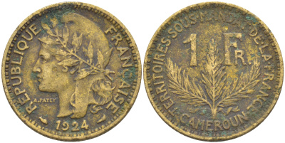 Французский Камерун 1 франк 1924 (а), монетный двор Париж KM 2 алюминиевая бронза 31-1055