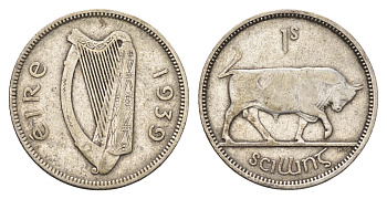 Ирландия 1 шиллинг 1939 бык KM 14 серебро 270-1222