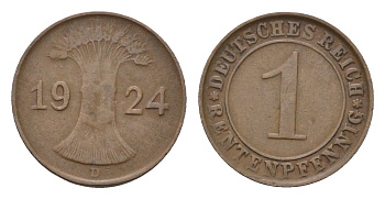 Германия 1 рентенпфенниг 1924 D KM 30, J. 306 бронза 4685-415