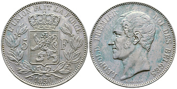 Бельгия 5 франков 1850 Леопольд I (1831-1865) KM 17 серебро 1066-5-43