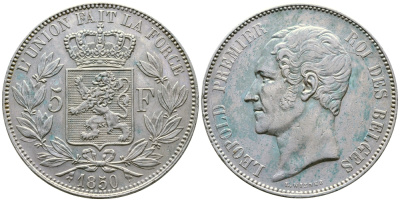 Бельгия 5 франков 1850 Леопольд I (1831-1865) KM 17 серебро 1066-5-43