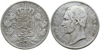 Бельгия 5 франков 1852 Леопольд I (1831-1865) KM 17 серебро 1066-20-34
