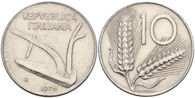 Италия 10 лир 1976 R, плуг KM 93 алюминий 4595-344