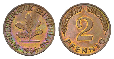 ФРГ 2 пфеннига 1966 G KM 106, J. 381 бронза 3458-339