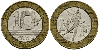Франция 10 франков 1991 тип Гений Бастилии KM 964.1, Le Frank 375.6 биметалл 4135-547