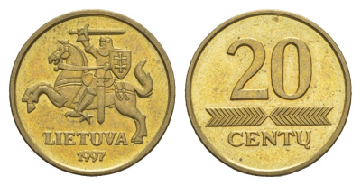 Литва 20 центов (сентов) 1997 KM 107 никель латунь UNC 4633-851