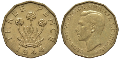 Великобритания 3 пенса 1944 Георг VI (1936-1952) KM 849, Spink 4112 никель латунь 4538-1117