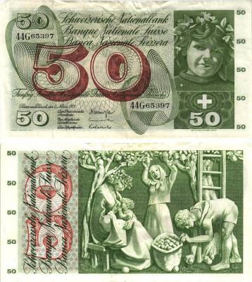 Швейцария 50 франков 1973 7 марта 1973, серия 44 G, подпись 42 Pick 48 m бумага 8606-18-2-1