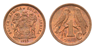 ЮАР 1 цент 1995 герб, капские воробьи KM 132 сталь плакированная медью UNC 4694-132