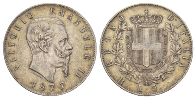 Италия 5 лир 1877 R, Виктор Эммануил II (1861-1878) KM 8.4 серебро 413-844