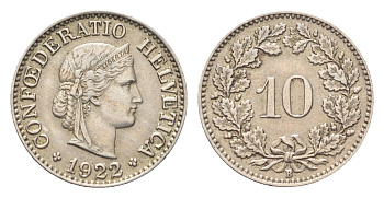 Швейцария 10 раппенов 1922 B KM 27 медно-никель 4708-137