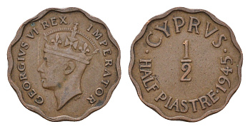 Кипр 1/2 пиастра 1945 KM 22a бронза 220-1052