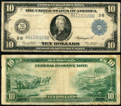 США 10 долларов 1914 Нью-Йорк (2-В), Эндрю Джексон - 7-й президент США, голубая серия, подпись White, Mellon Pick 360 b B(4-1)  бумага   451-644-1-1